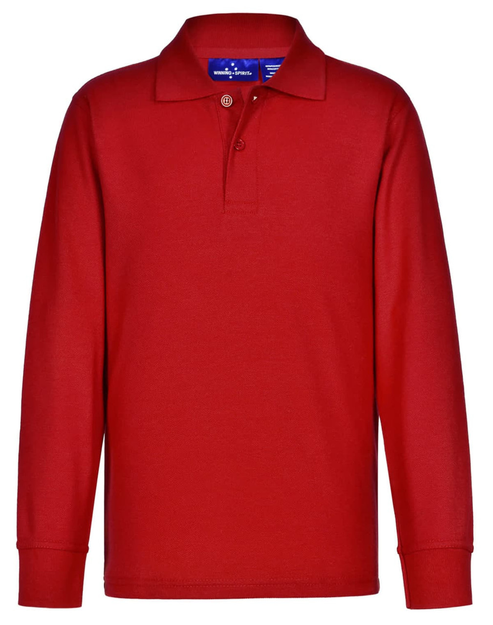 A red long sleeve polo shirt made from poly/cotton pique knit, featuring a collar and a button placket.