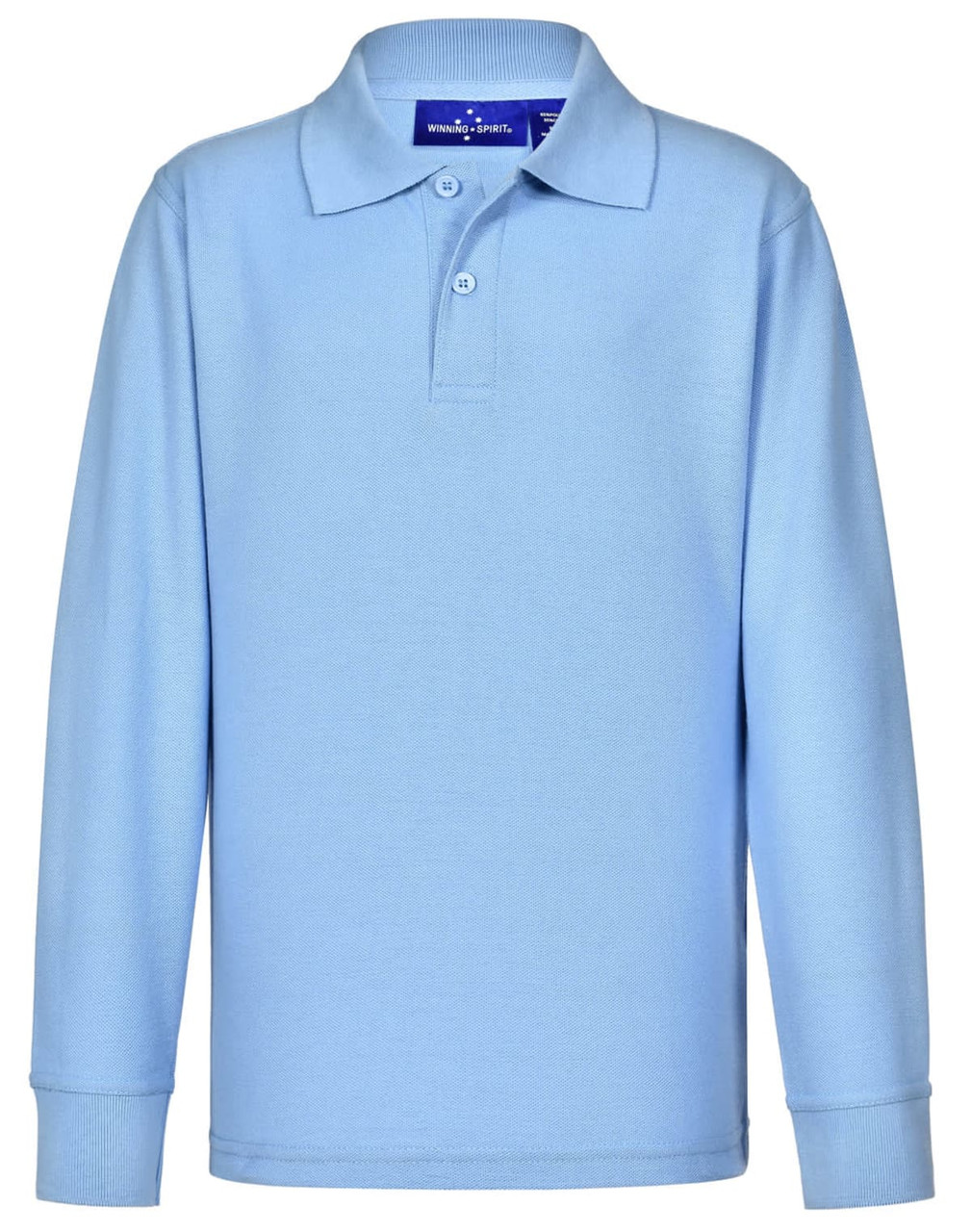 A light blue long sleeve polo shirt made from a poly/cotton blend, featuring a collar and buttons.
