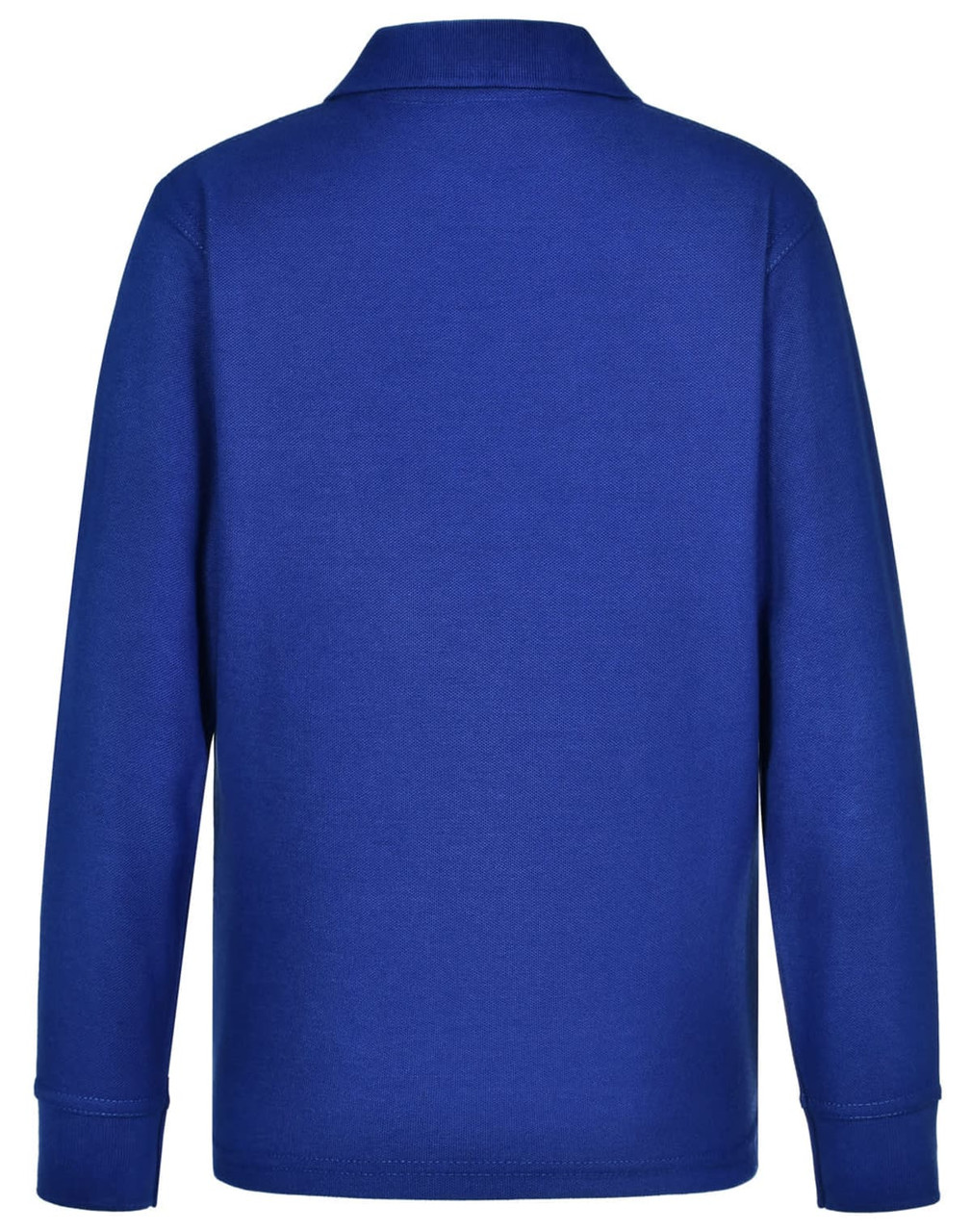 A blue long sleeve polo shirt made of poly/cotton fabric, featuring a collar and a logo.