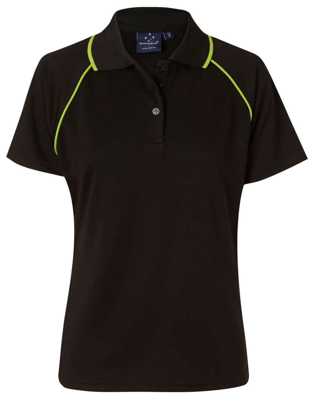 A black ladies polo shirt with green accent lines and a collar, featuring a logo on the front.