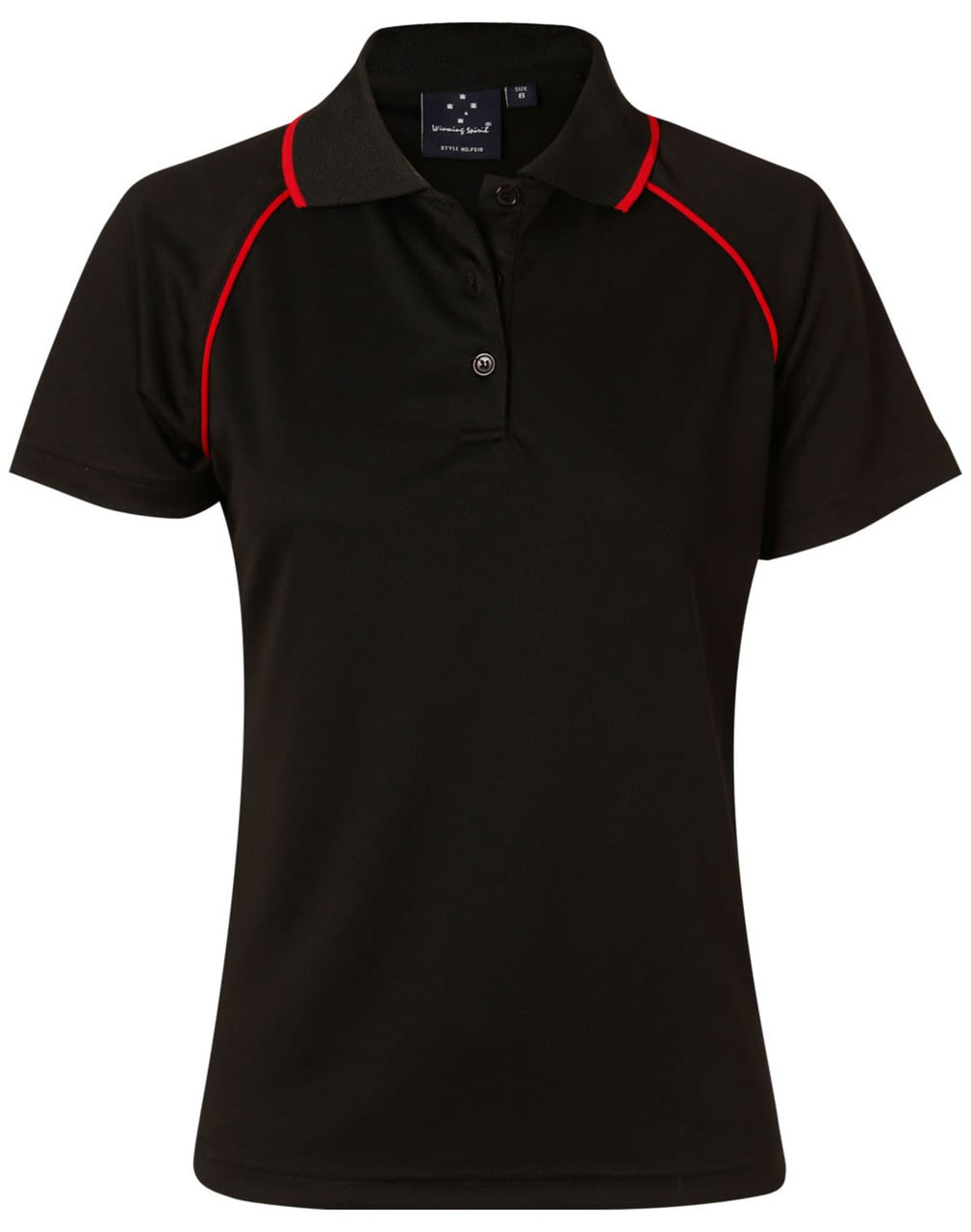 A black polo shirt with red detailing, featuring a collar and short sleeves, and includes a logo.