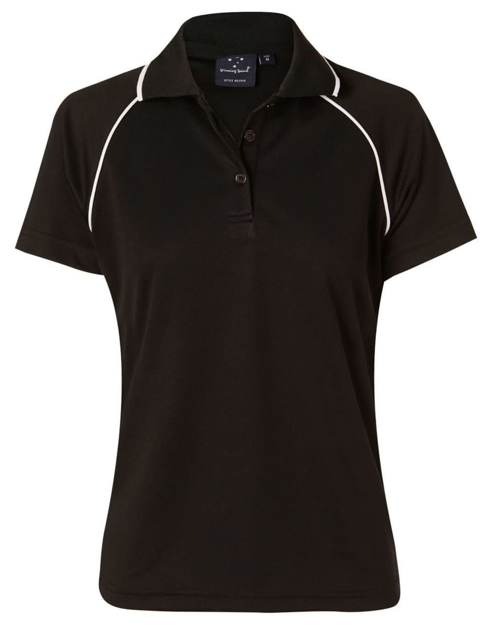 A black ladies polo shirt with white piping, featuring a collar and short sleeves, along with a branding logo.