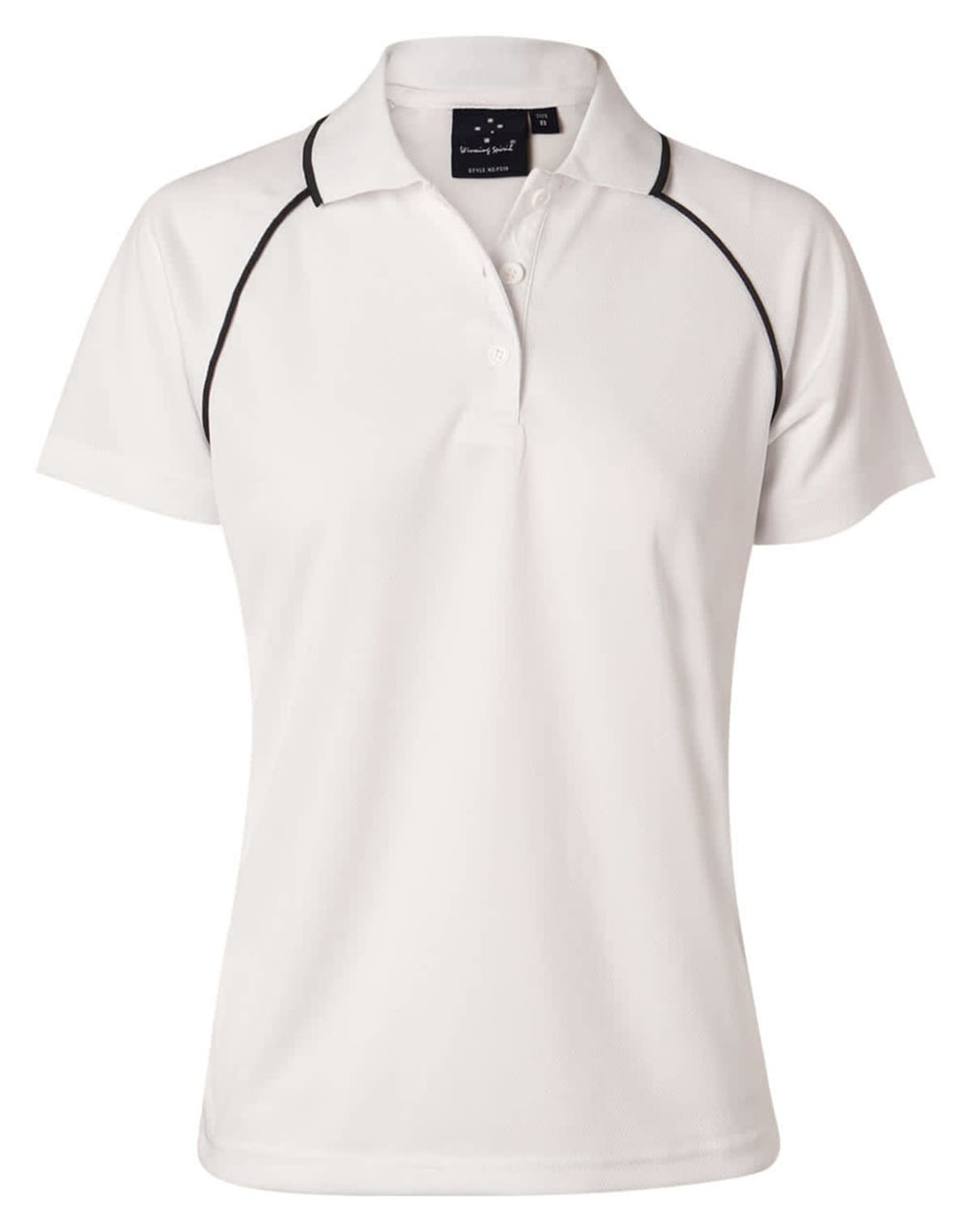 A white ladies' polo shirt with black accents, featuring a collar and a brand logo.