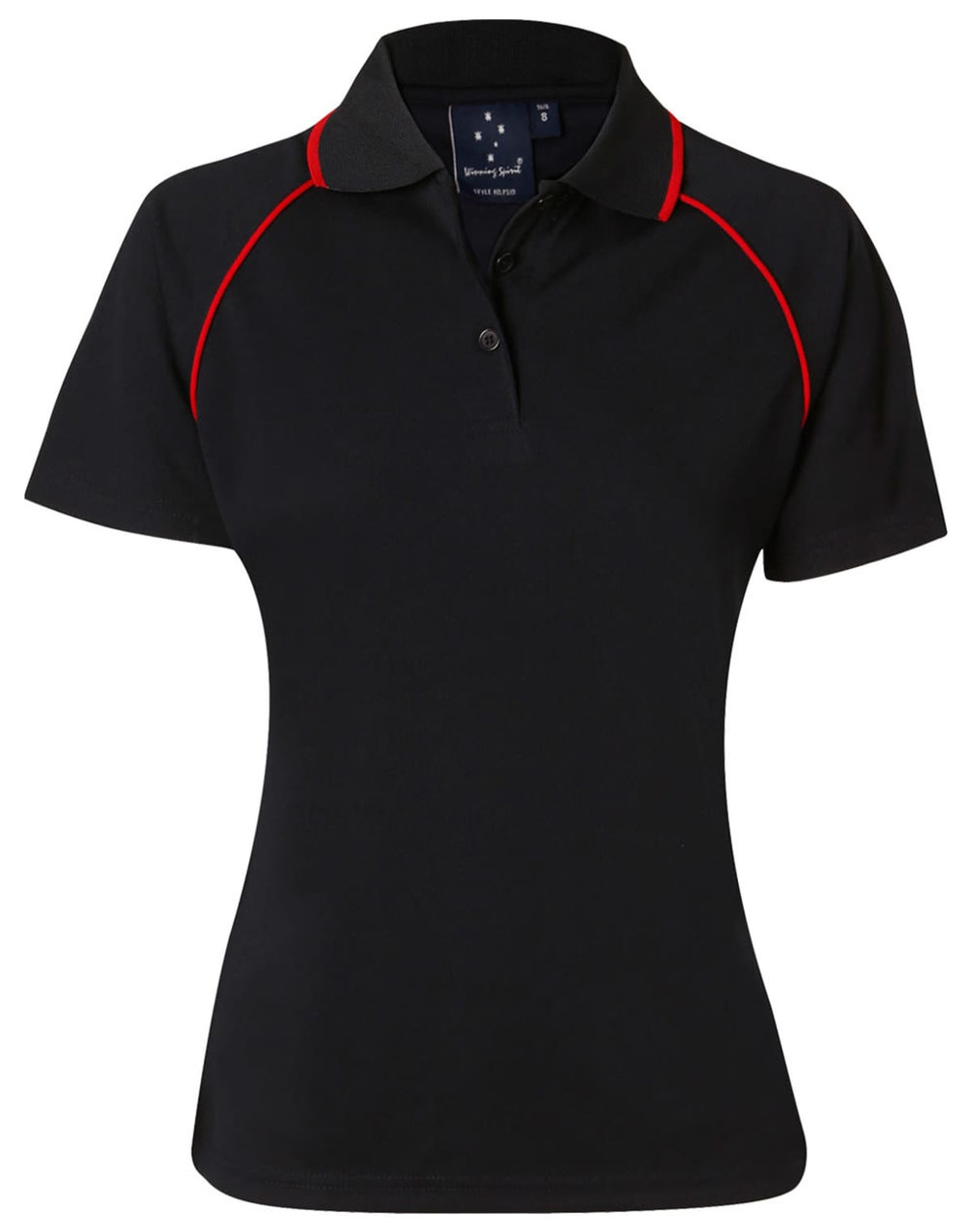 A black polo shirt with red accents and a collar, featuring a logo on the chest.
