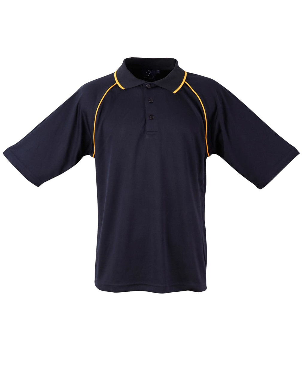 A navy blue polo shirt with yellow accents and a collar, featuring a logo on the chest area.
