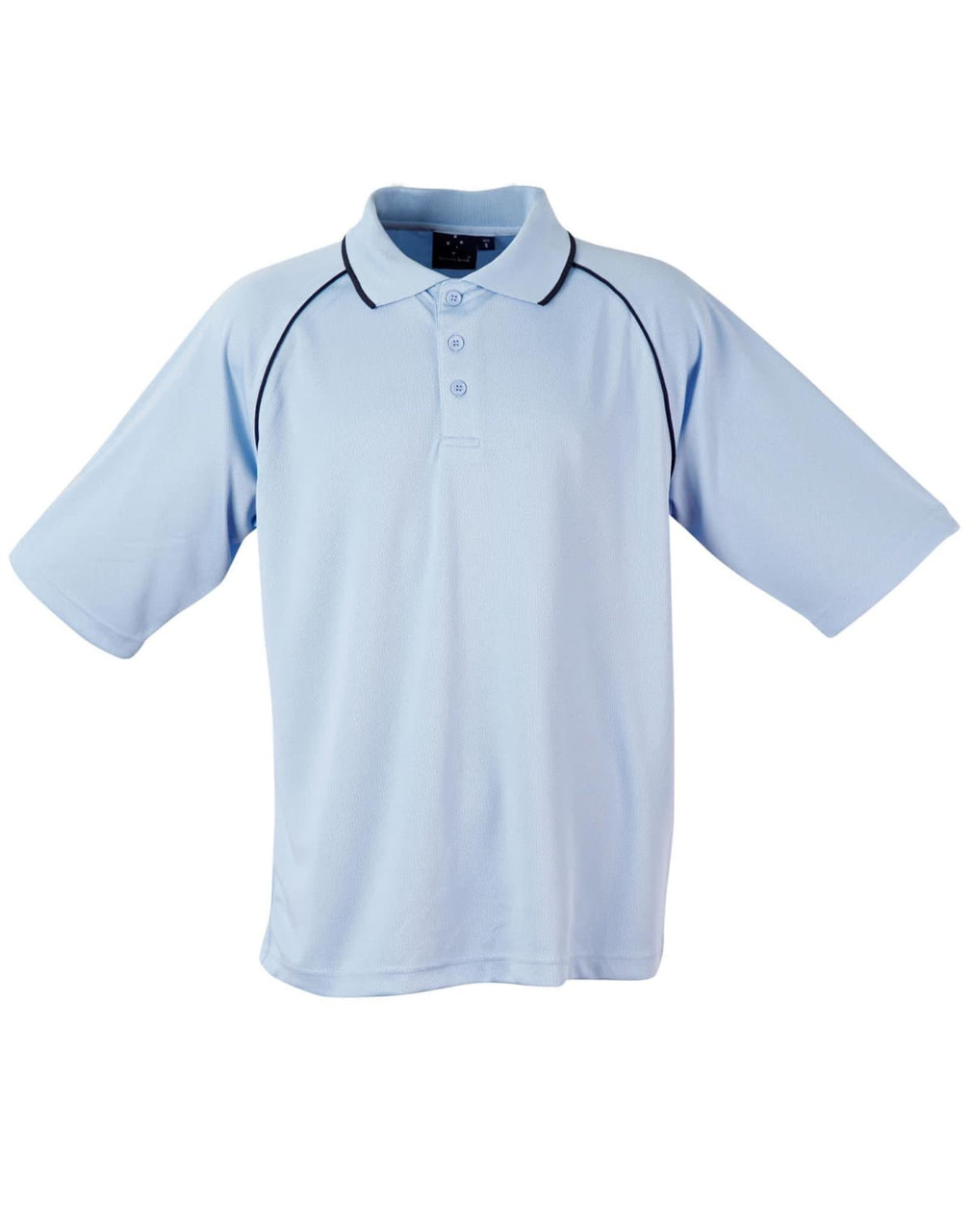 A light blue men's polo shirt featuring short sleeves and contrasting detailing, with a logo on the front.