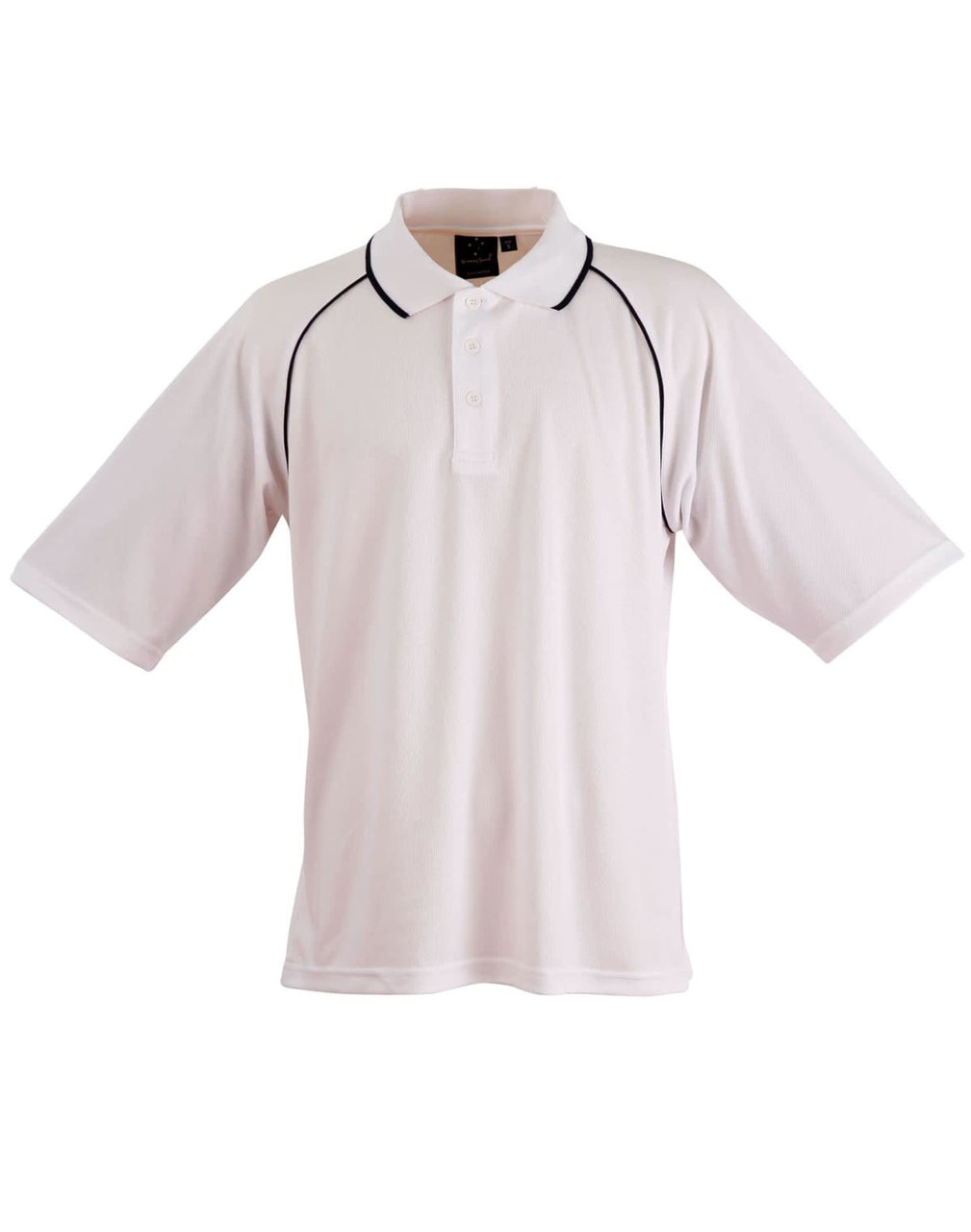 Men's polo shirt in white with black accents, featuring a collar and short sleeves. It has a logo on it.