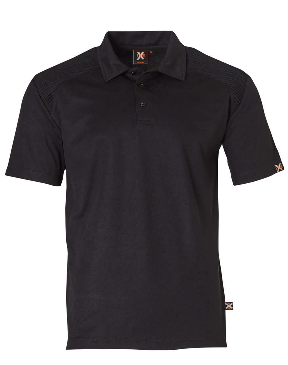 A black short-sleeve polo shirt featuring a logo and textured shoulder detail. Suitable for workwear.