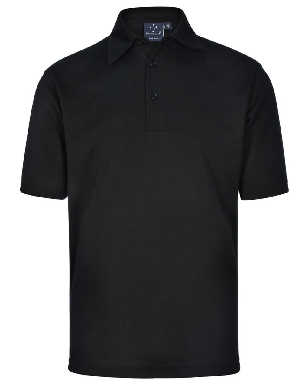 A black polo shirt featuring a collar and three buttons, displaying a logo on the chest.