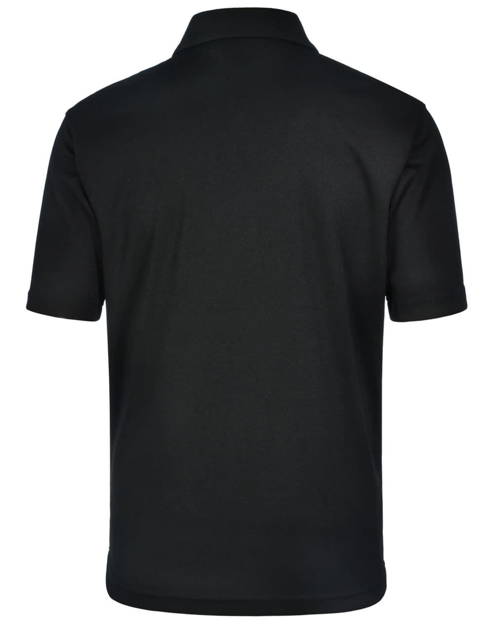 A black men's polo shirt featuring a collar and short sleeves, with a logo on the side.