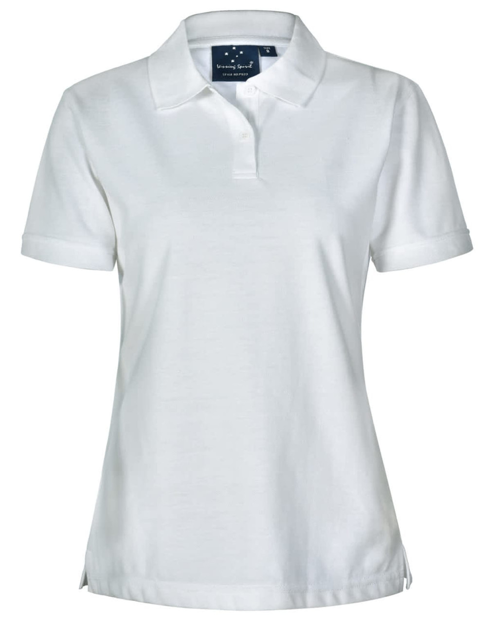 A white ladies' polo shirt with a collar and short sleeves, featuring a logo on the chest.