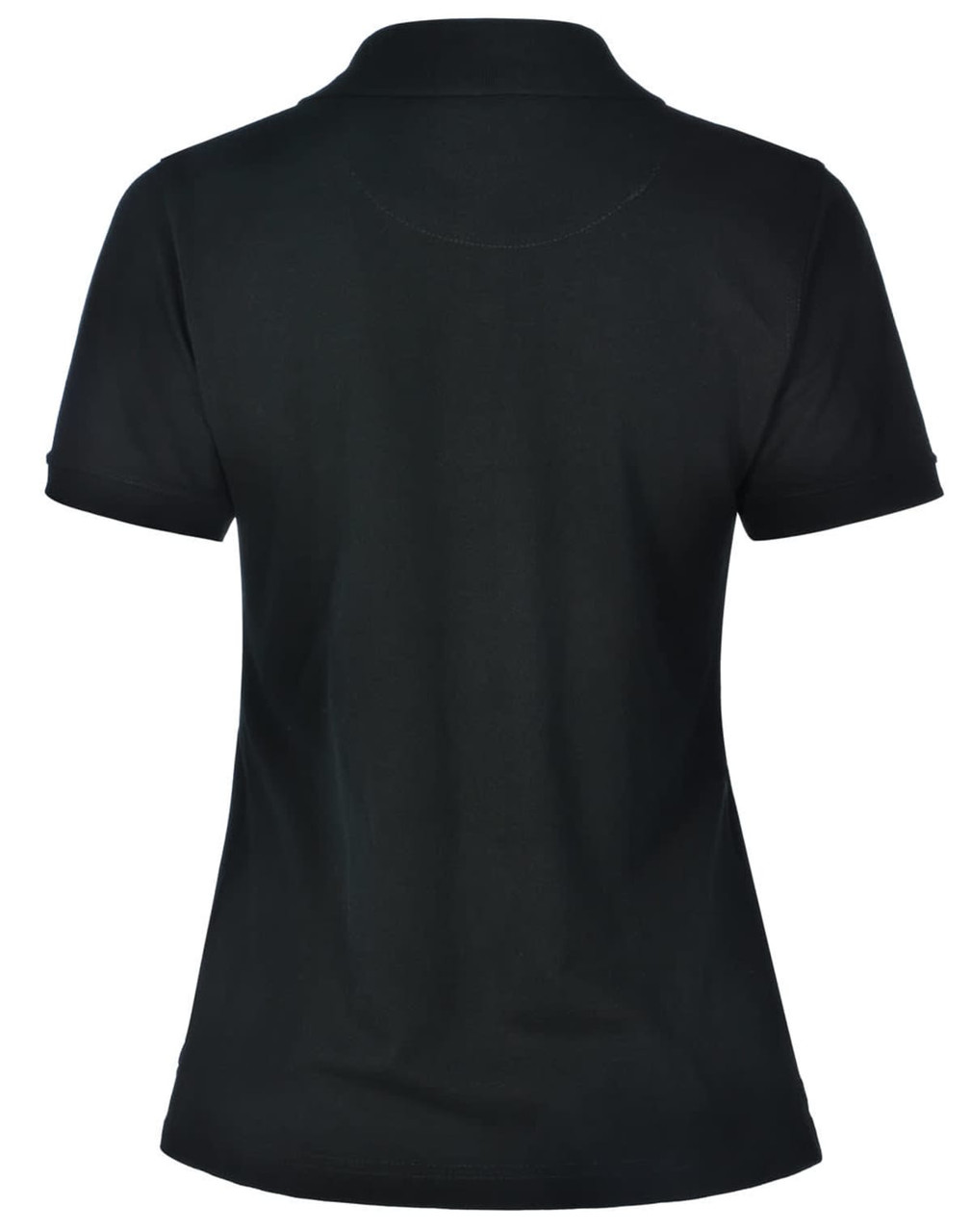 A black ladies' polo shirt featuring a classic collar and short sleeves. The back view showcases a smooth design and fitted silhouette.