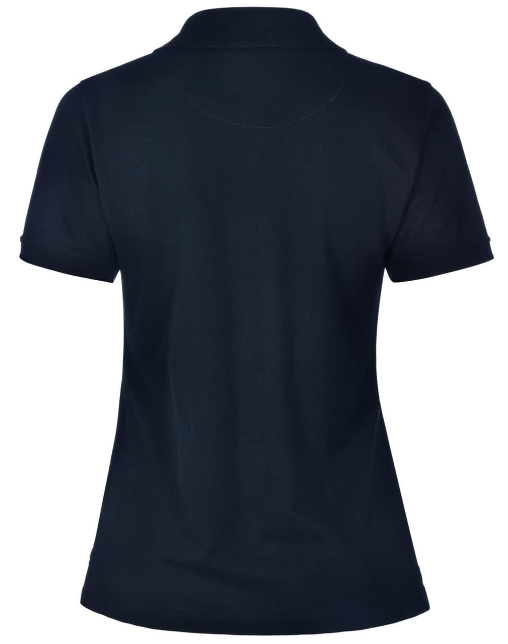 A navy blue ladies’ polo shirt with a classic collar and short sleeves, featuring a logo on the back.