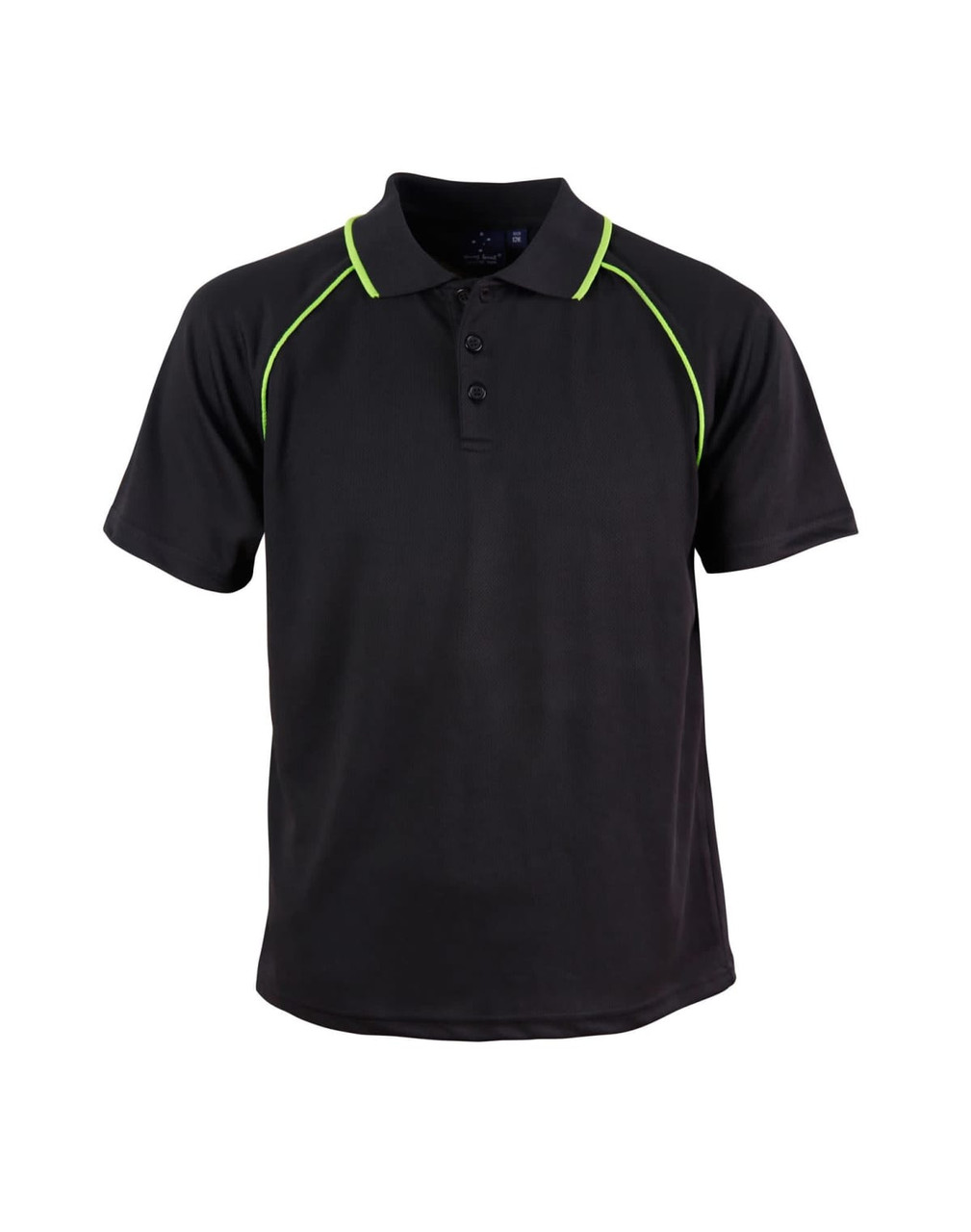 A black polo shirt with green accents, featuring a collar and three buttons. It has a logo on the front.
