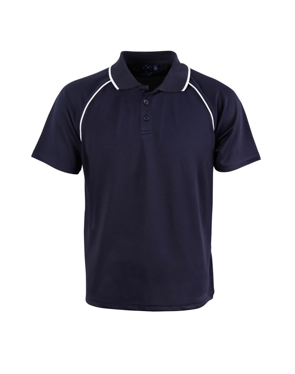 A black polo shirt with white accents and a three-button collar. It features a logo on the chest.