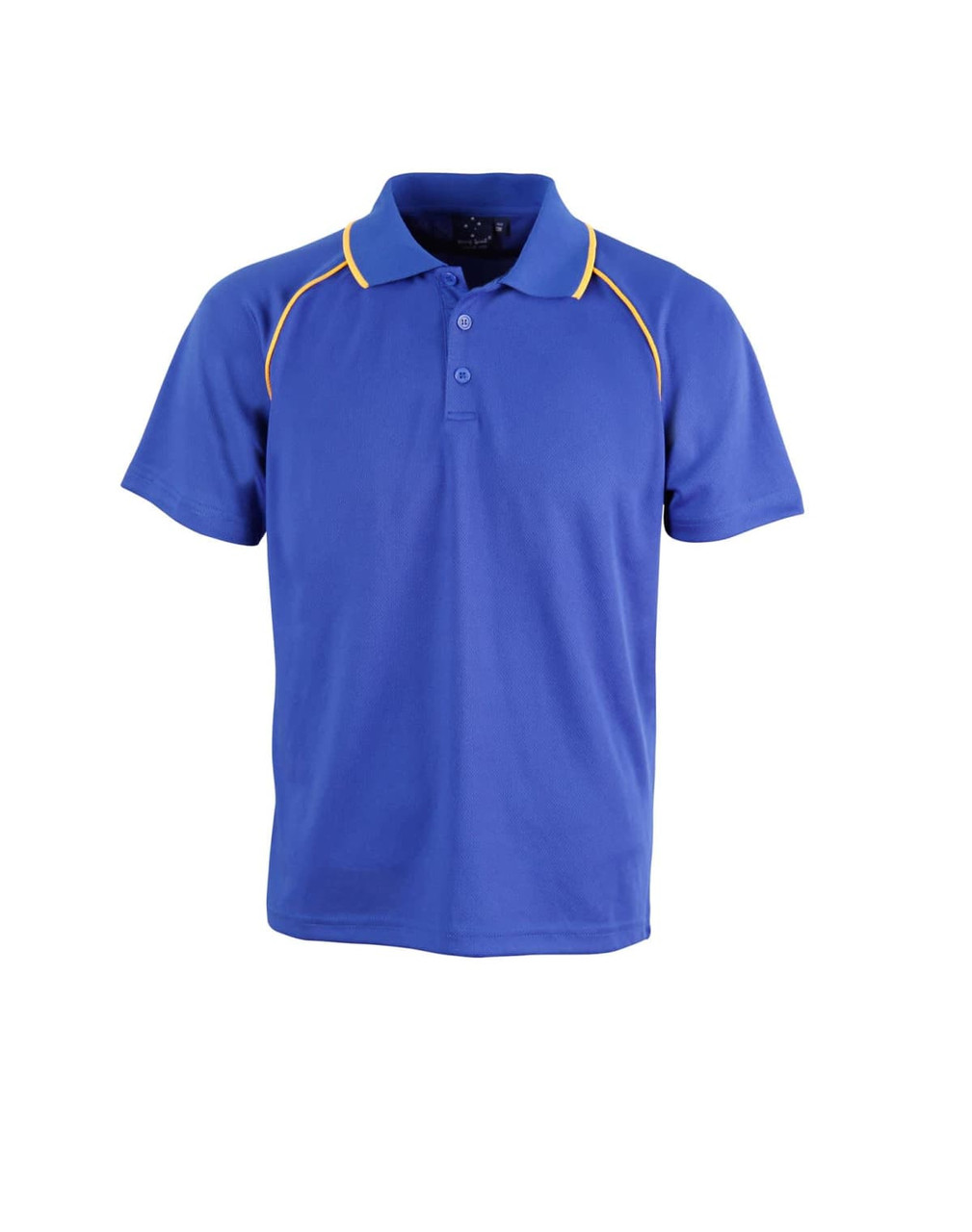 A blue polo shirt with yellow accents and a logo on the front. Short sleeves and a collared design.