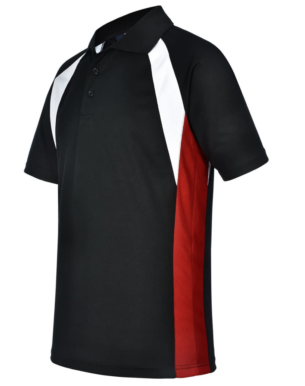 A black polo shirt with white and red accents, featuring a collar and short sleeves. It has a logo on the chest.