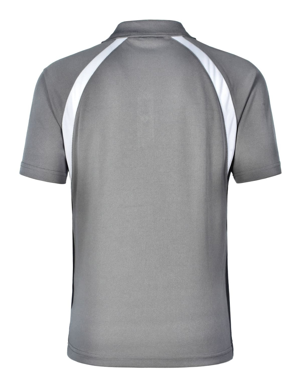 A grey men's tri sport polo shirt with white accents and a logo on the back.
