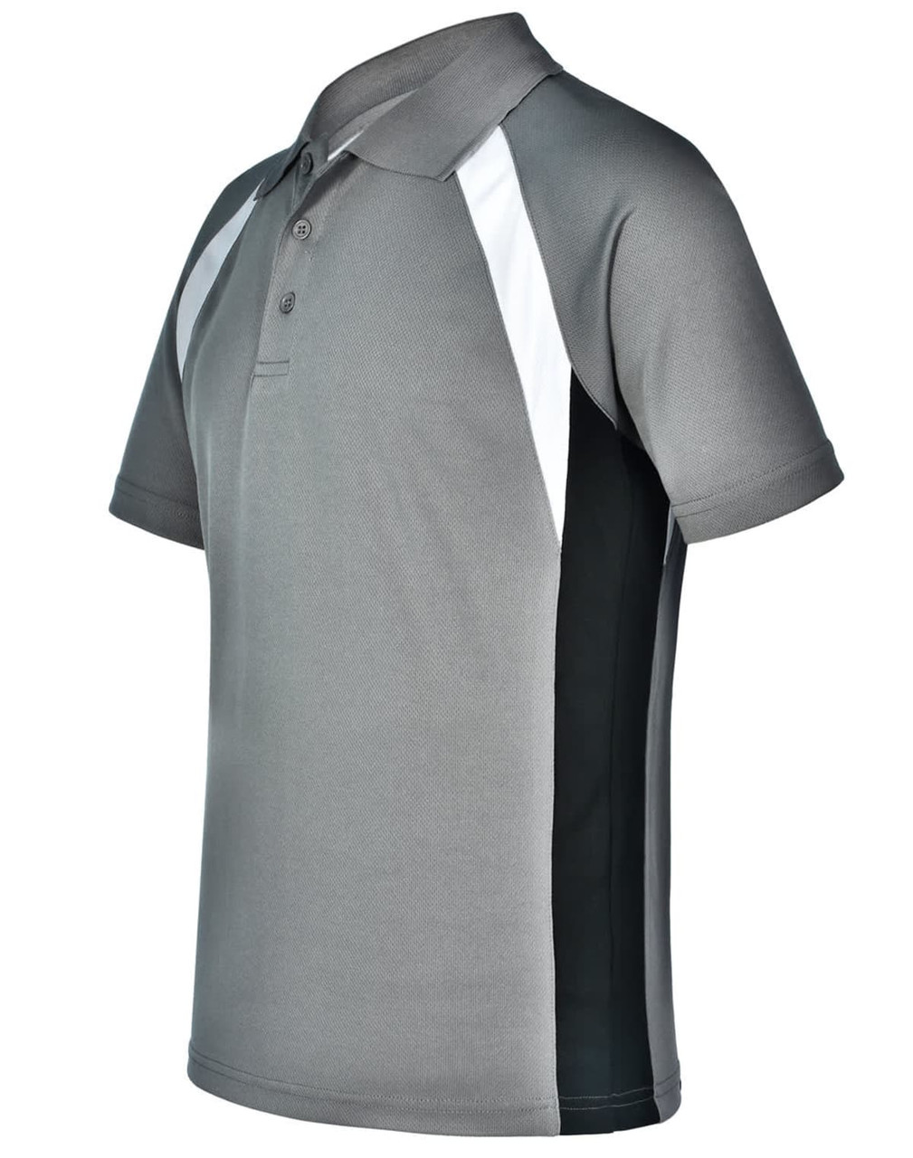 A grey and black men's tri-sport polo shirt featuring contrasting white panels and a logo.