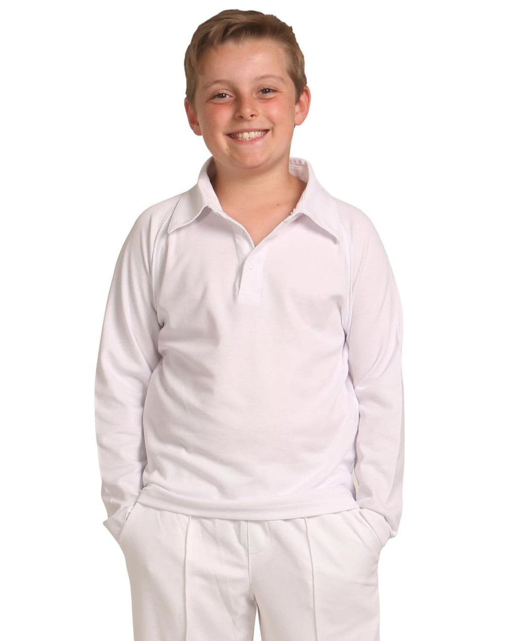 A child is wearing a long-sleeved white cricket polo shirt. The shirt features a collar and a playful fit.