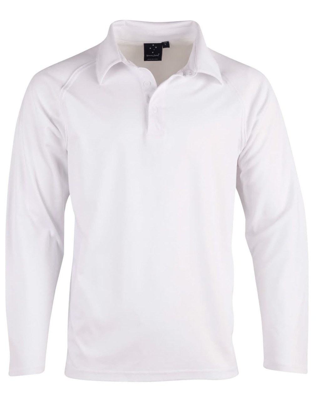 A white long-sleeve cricket polo shirt with a collar and branding. Designed for kids.