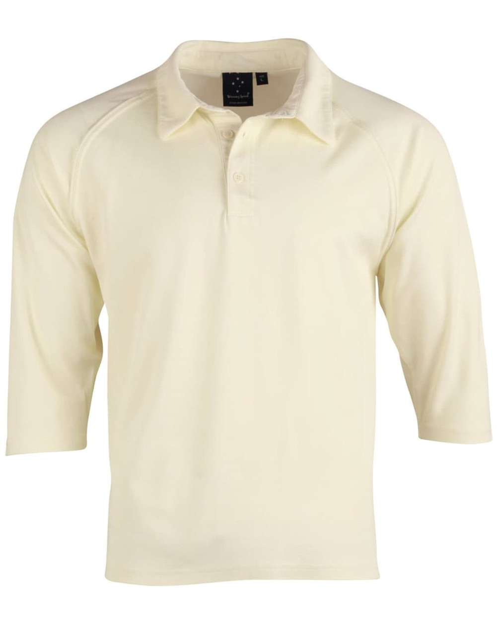 A light cream, men's 3/4 sleeve cricket polo shirt with a collar and a logo on the chest.