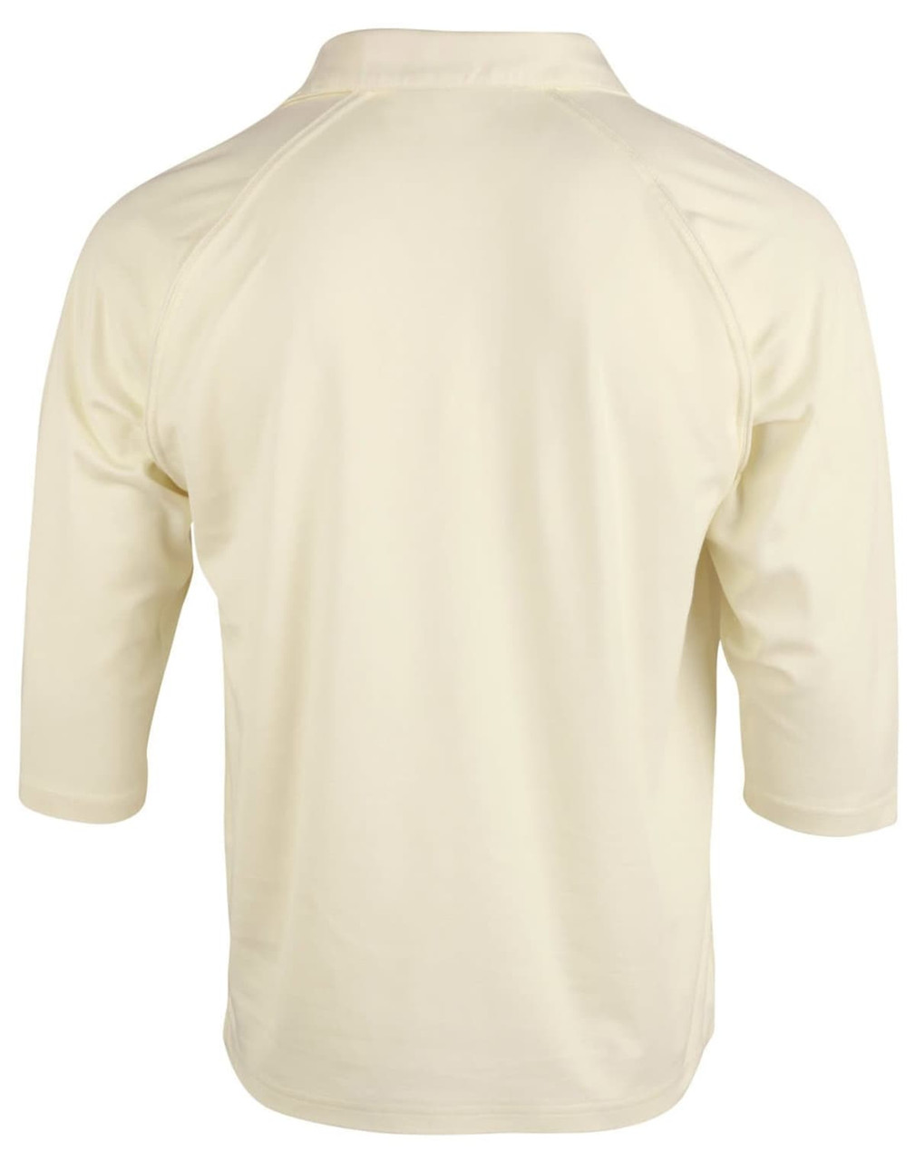 A cream-coloured men's 3/4 sleeve cricket polo shirt with a back view and a logo on the side.