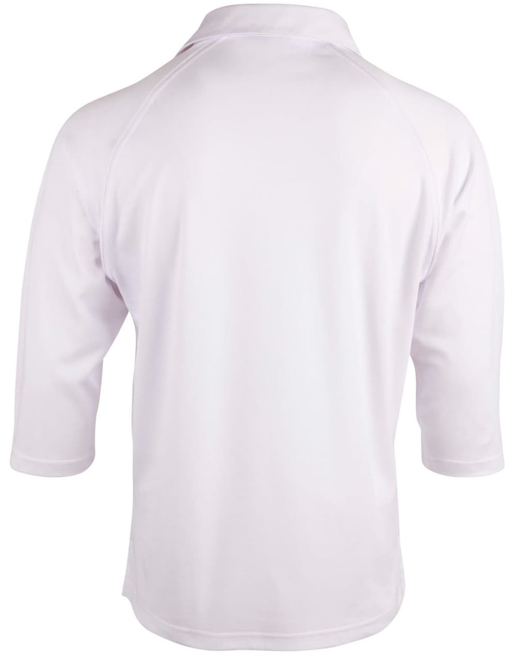 A mens 3/4 sleeve cricket polo in white, featuring a classic collar and a logo on the back.