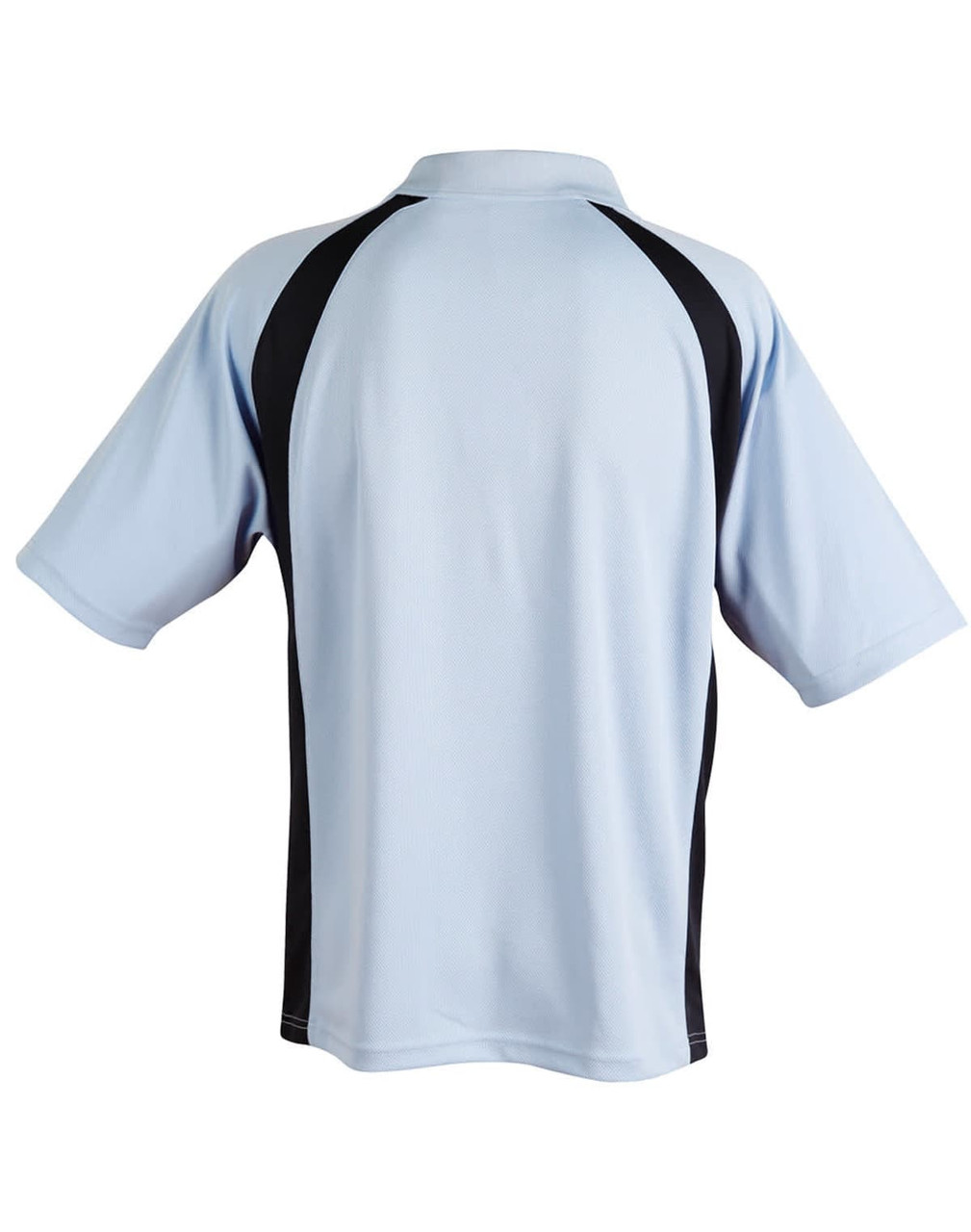 A men's polo shirt in light blue with black side panels and a collar, featuring a logo on the back.