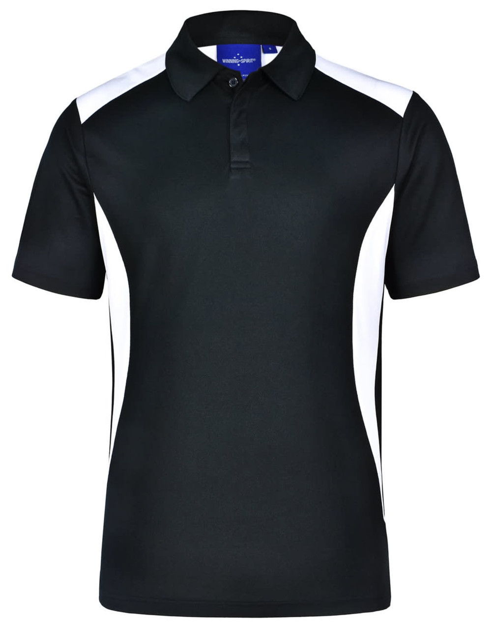 Men's polo shirt in black with white side panels and a collar. Features a logo on the chest area.
