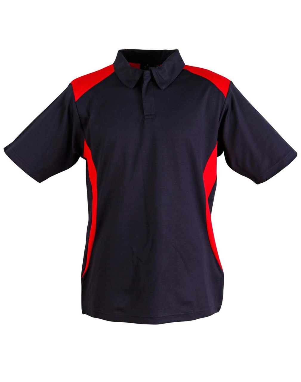 A navy polo shirt with red accents, featuring a collar and short sleeves. Includes a logo on the chest.