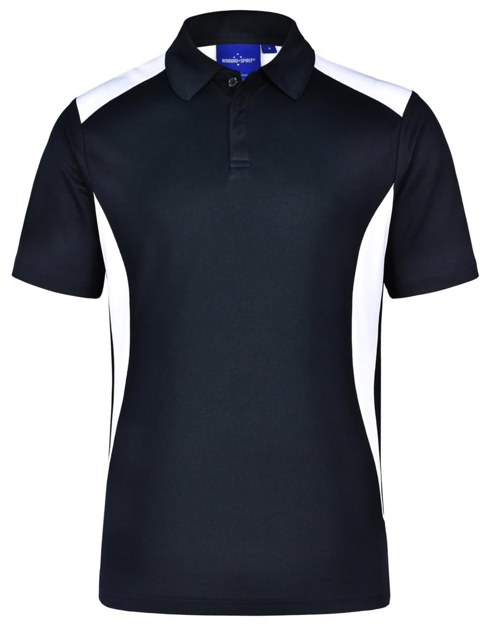 A black polo shirt with white side panels and a collar. It features a logo on the front.