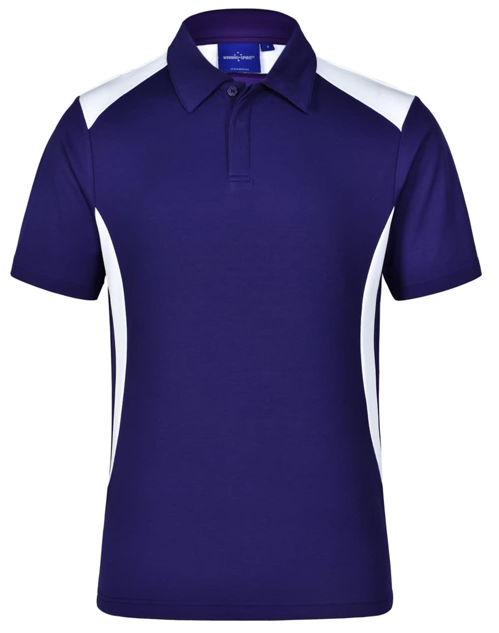 A Men's Winner Polo in dark purple with white side panels and a collar, featuring a logo on the chest.