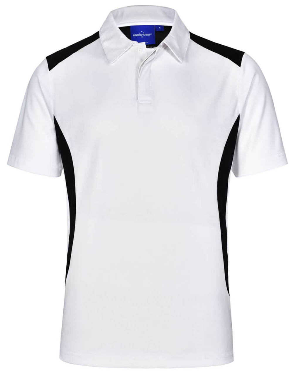 A white polo shirt with black side panels and a collar. Features a logo on the chest.