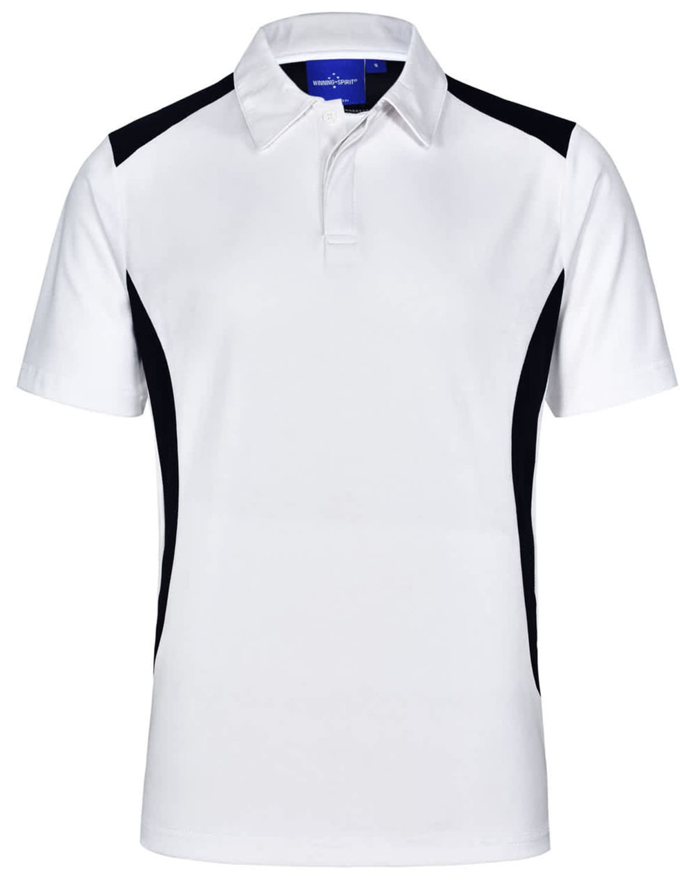 A white polo shirt with black side panels and a collar, featuring a logo on the chest.