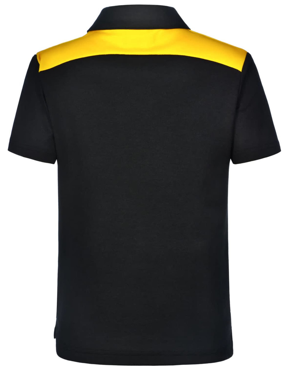 A children's polo shirt featuring a black body with a yellow upper back, including a logo on the front.