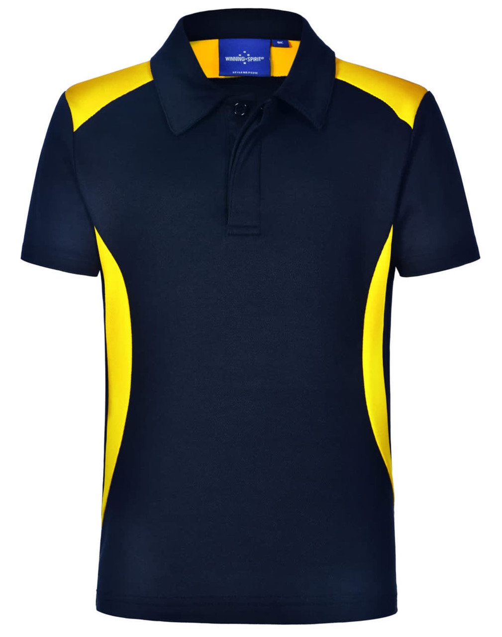 A navy polo shirt with yellow side panels and a collar, featuring a logo on the upper part.