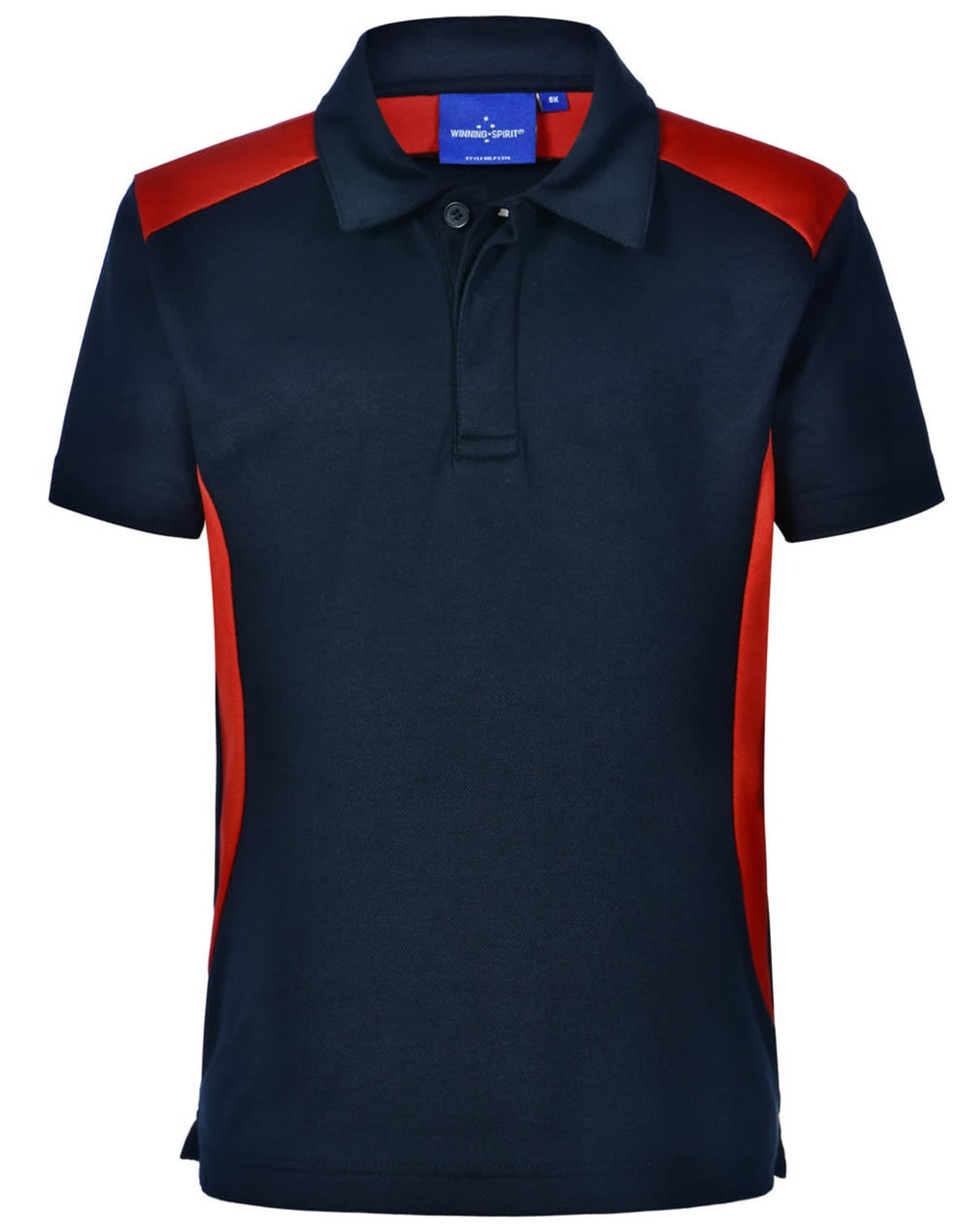 Children's polo shirt in navy with red accents and a logo on the chest. Short sleeves and a collar design.