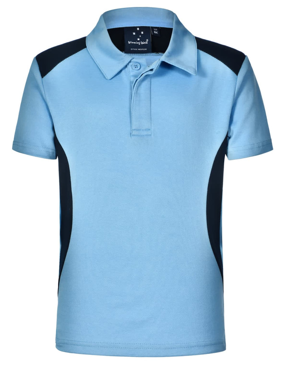 A light blue polo shirt with dark blue accents, featuring a collar and short sleeves. It has a logo on the label.