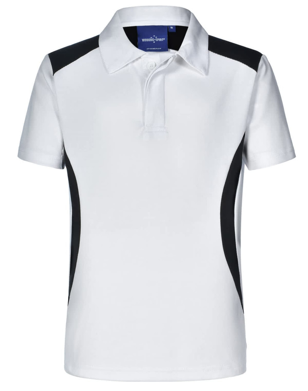 A white children's polo shirt with black side panels and a collar, featuring a logo on the upper section.