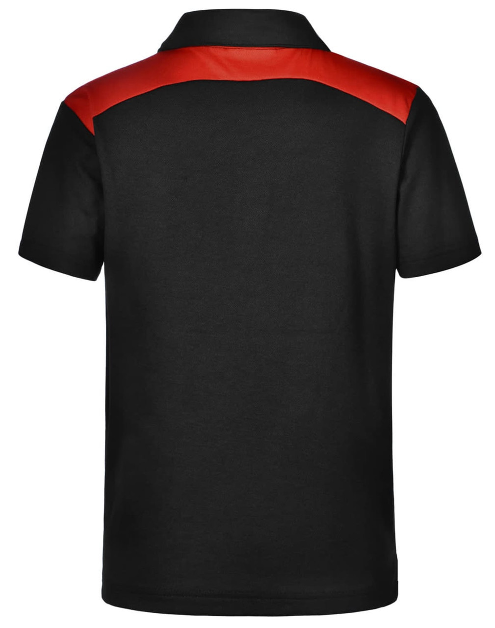 A black polo shirt with red detailing on the shoulders, featuring a collar. It has a logo on the front.