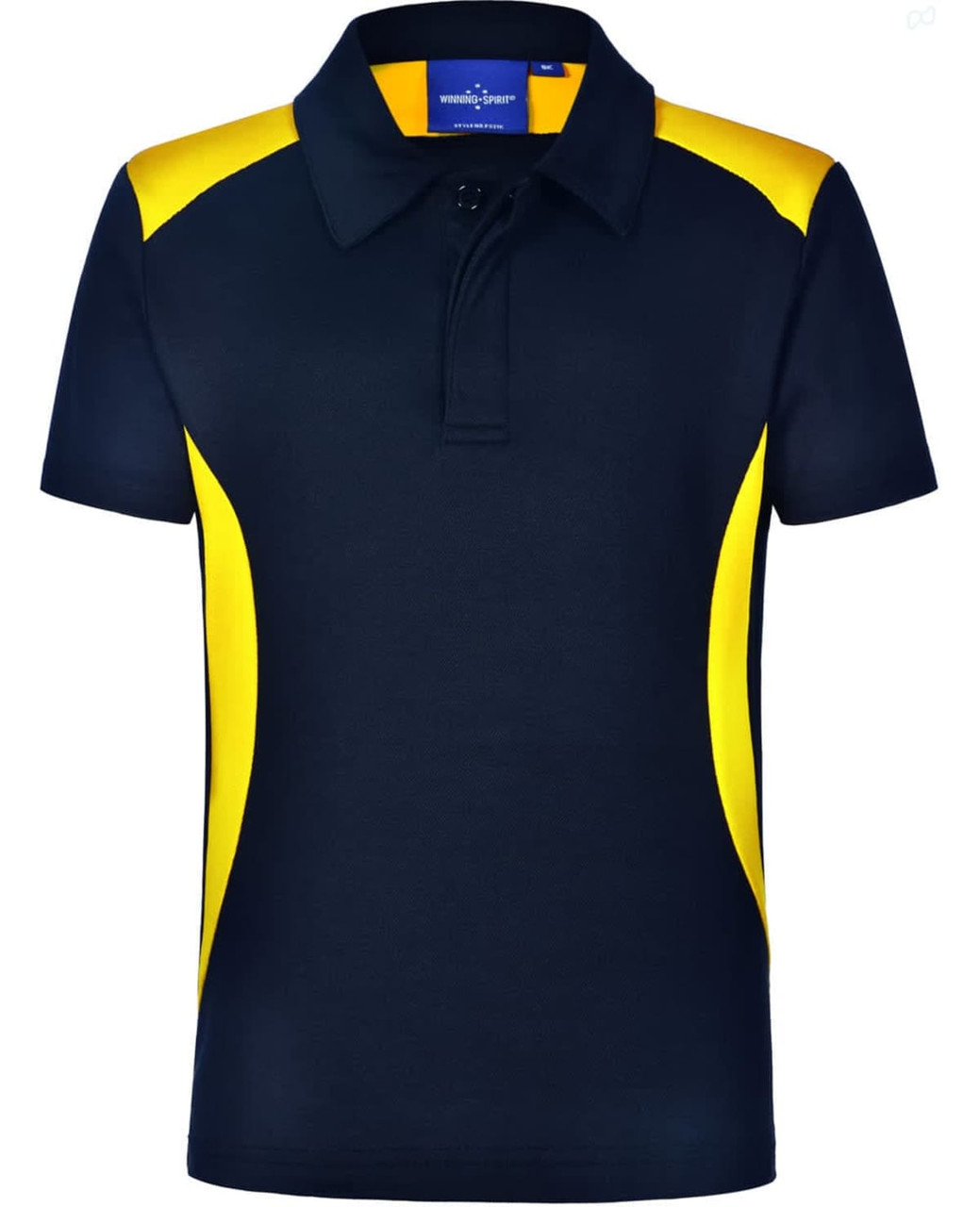 A navy polo shirt with yellow side panels and a collar, featuring a logo on the upper part.