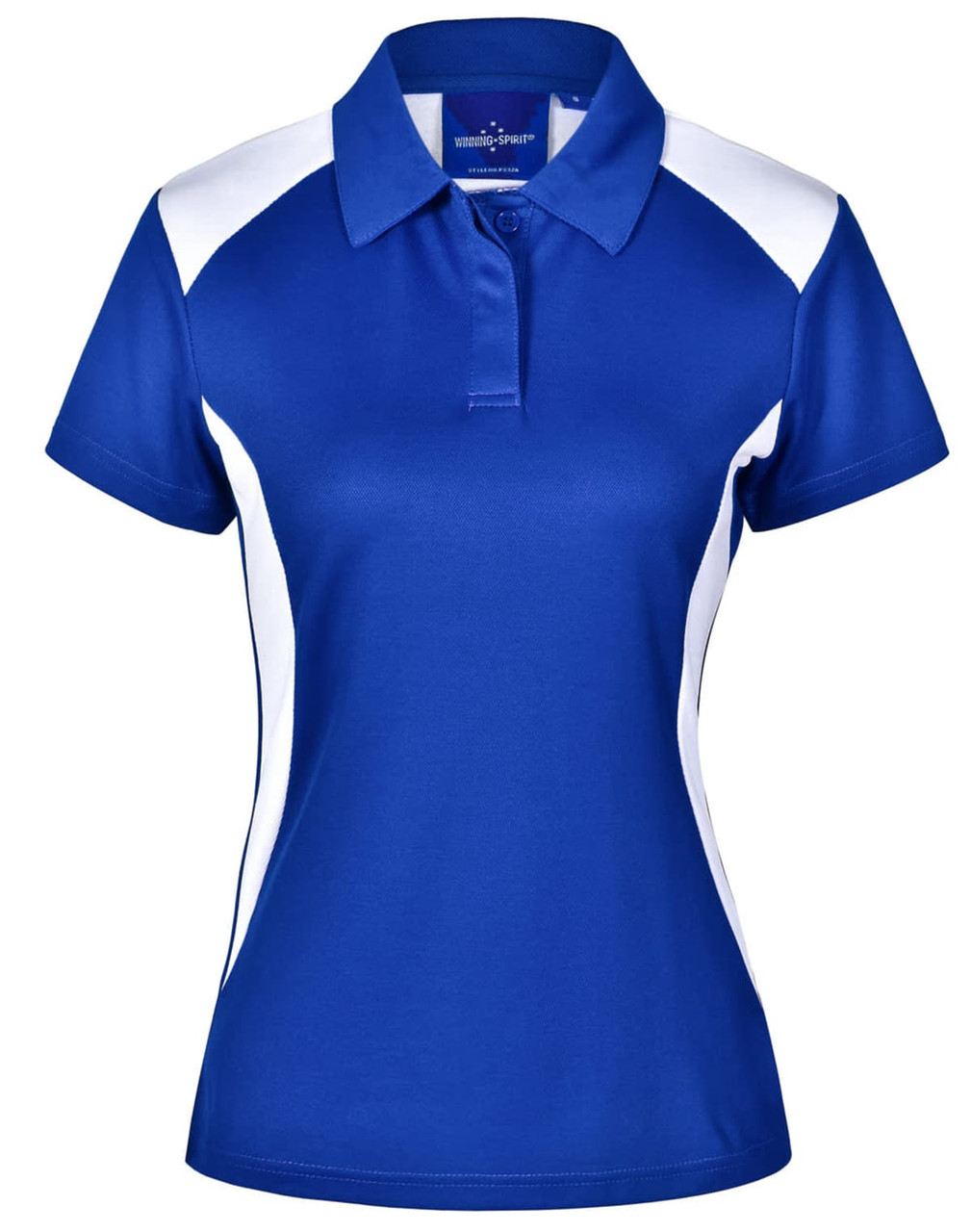 A blue and white women's polo shirt with a collar and short sleeves, featuring a logo on the front.
