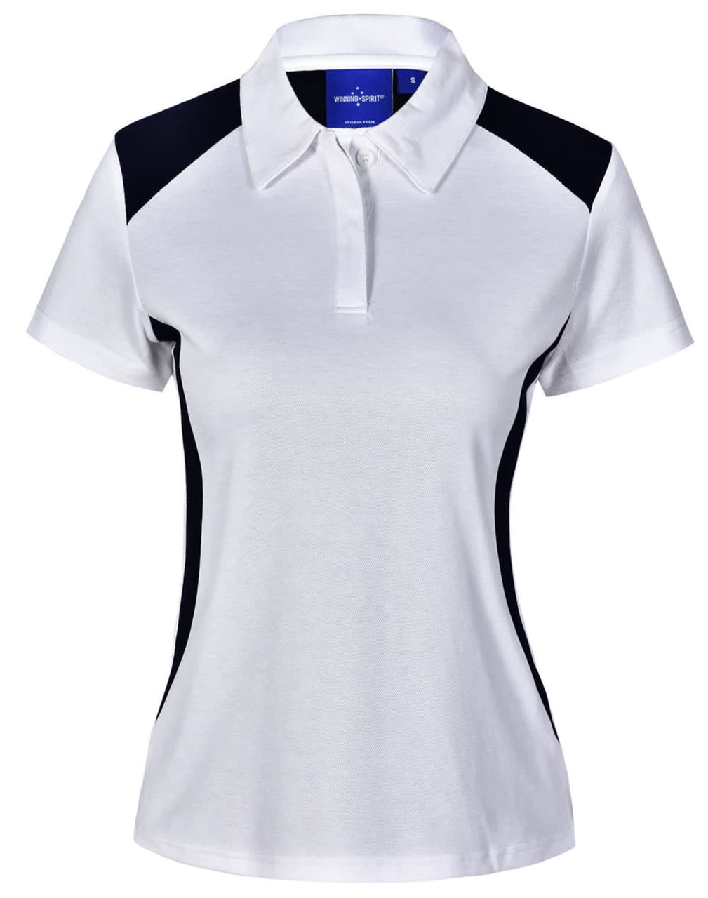 Ladies' Winner Polo shirt in white with black side panels and a collar. Features a logo on the chest.