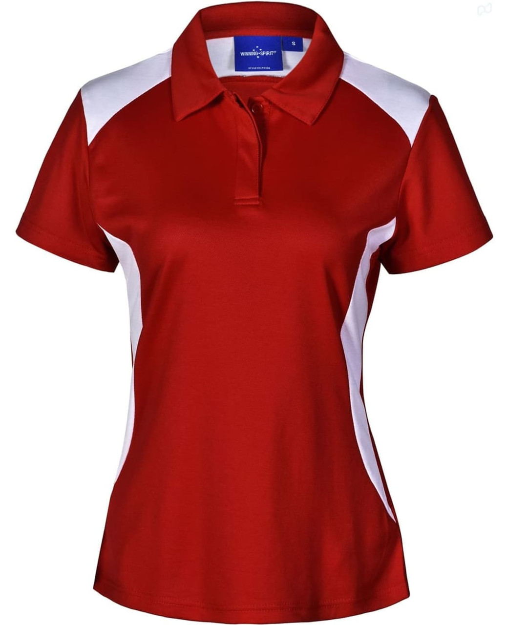 A red polo shirt with white side panels and a collar. It features a zippered neckline and includes a logo.