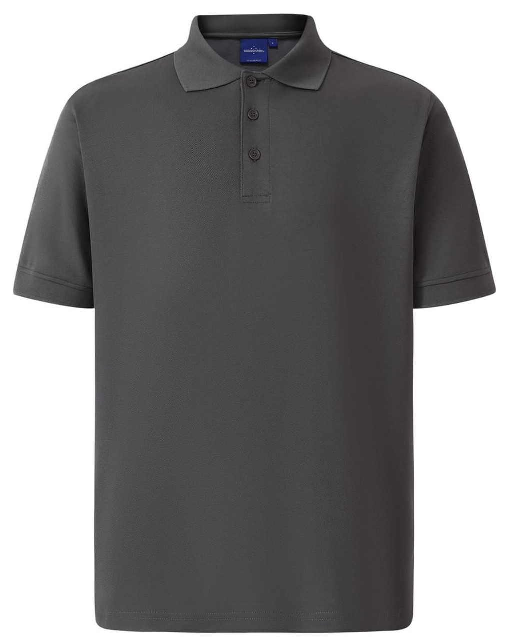 A grey men's polo shirt with short sleeves, featuring a three-button placket and a subtle logo.