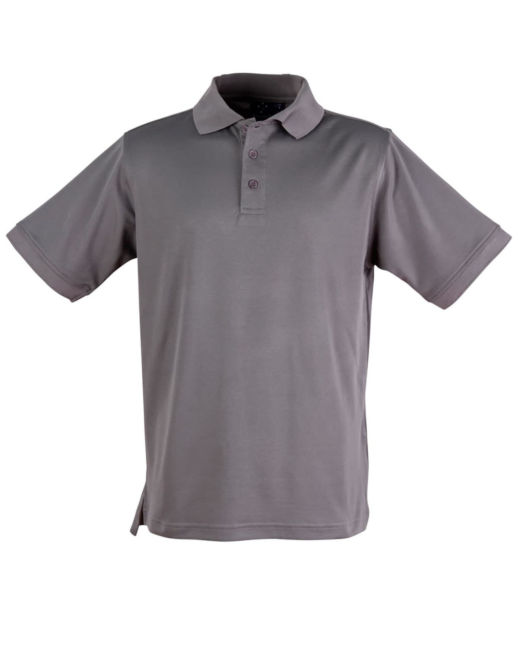 A grey men's polo shirt with short sleeves, featuring a three-button placket and a subtle logo.