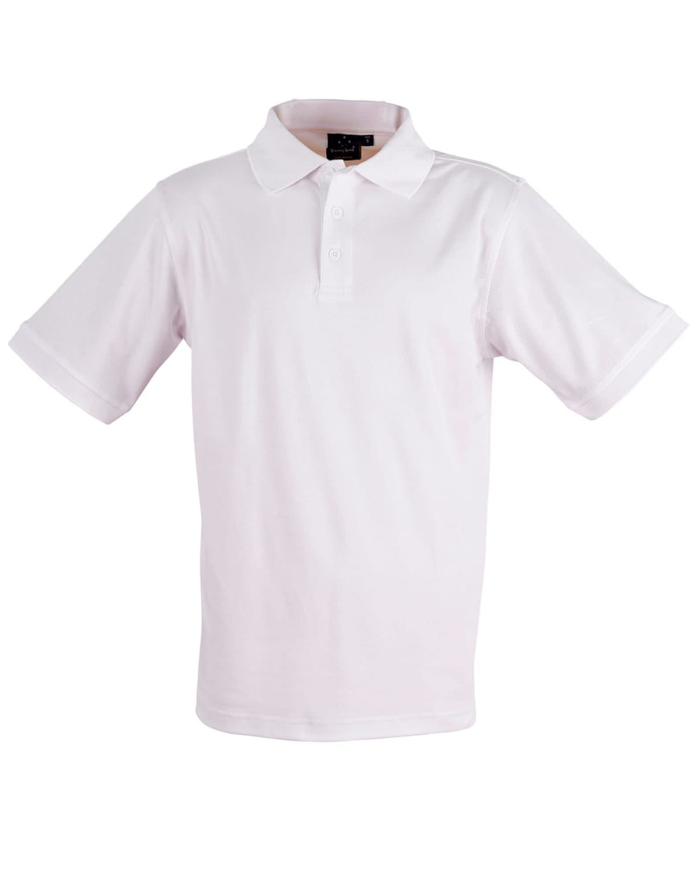 A white men's polo shirt featuring a collar and short sleeves, with a brand logo on the neckline.