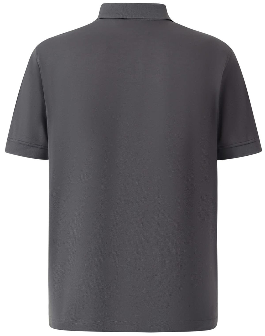 A grey men's polo shirt featuring a collar and short sleeves, with a logo on the back.