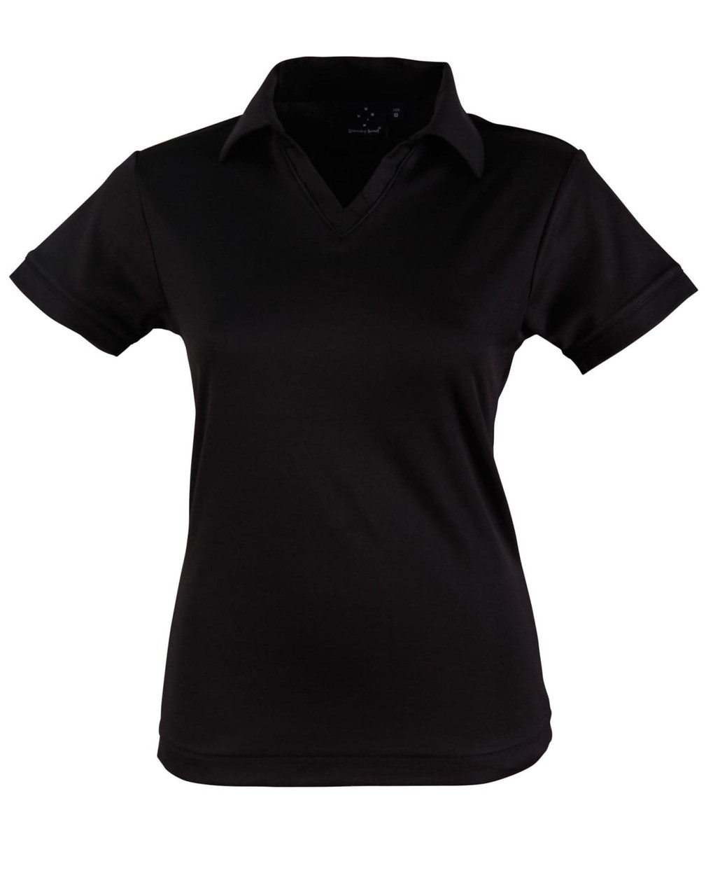 A black polo shirt with a V-neck and short sleeves, featuring a logo on the chest.